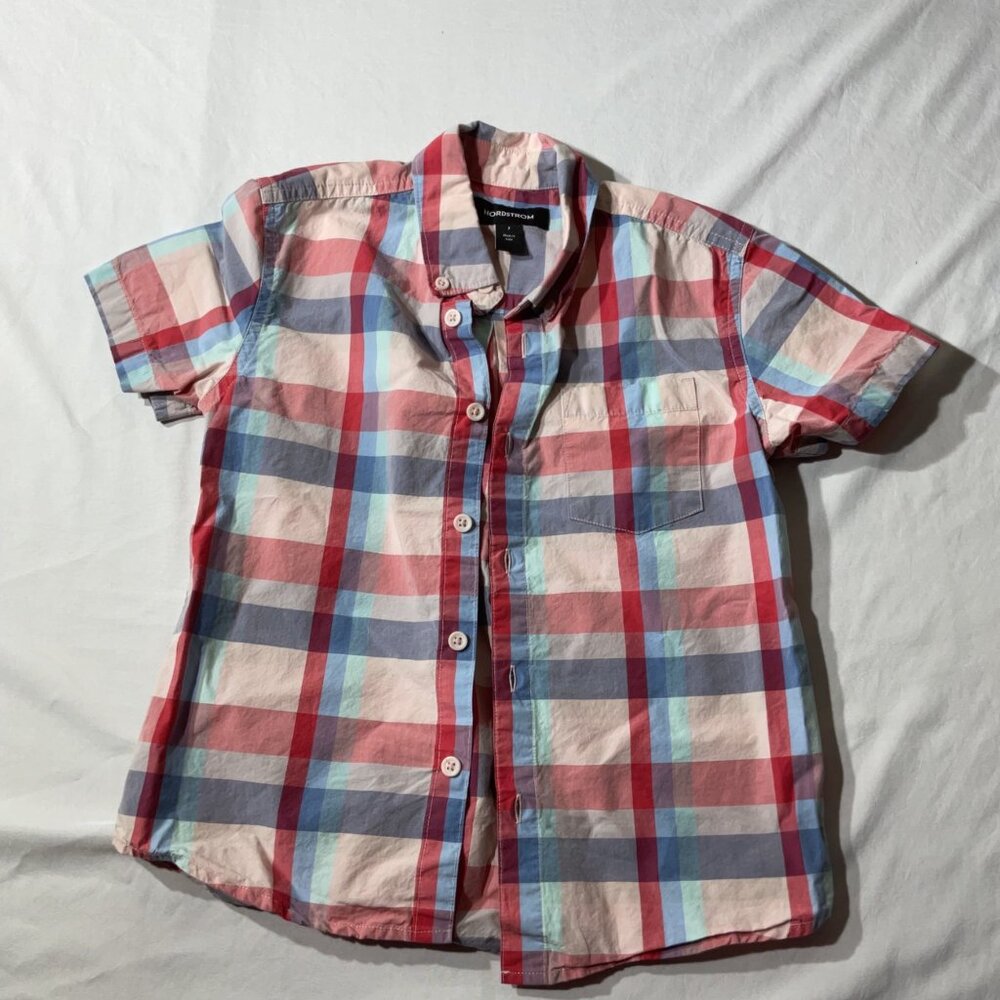 Nordstrom Boys Short-Sleeve Plaid Button-Up Shirt Size  7Cotton Blend Red/Blue/W